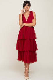 Burgundy Sleeveless Tiered Tie Strap Tulle Midi Dress