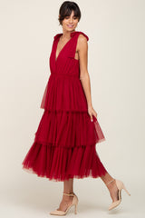 Burgundy Sleeveless Tiered Tie Strap Tulle Midi Dress