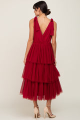 Burgundy Sleeveless Tiered Tie Strap Tulle Midi Dress