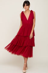 Burgundy Sleeveless Tiered Tie Strap Tulle Midi Dress