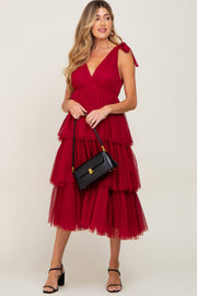 Burgundy Sleeveless Tiered Tie Strap Tulle Maternity Midi Dress