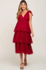 Burgundy Sleeveless Tiered Tie Strap Tulle Maternity Midi Dress