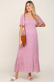 Pink Floral Smocked Maternity Midi Dress