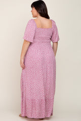 Lavender Floral Smocked Flounce Sleeve Plus Maxi Dress