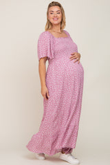 Lavender Floral Smocked Flounce Sleeve Maternity Plus Maxi Dress