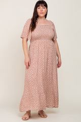 Taupe Floral Smocked Flounce Sleeve Maternity Plus Maxi Dress