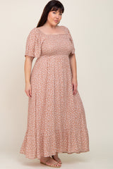 Taupe Floral Smocked Flounce Sleeve Plus Maxi Dress