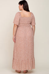 Taupe Floral Smocked Flounce Sleeve Plus Maxi Dress