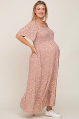 Taupe Floral Smocked Flounce Sleeve Maternity Plus Maxi Dress