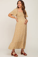 Yellow Floral Smocked Flounce Sleeve Maternity Maxi Dress