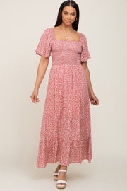 Mauve Floral Smocked Flounce Sleeve Maxi Dress