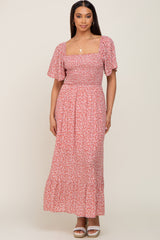 Mauve Floral Smocked Flounce Sleeve Maxi Dress