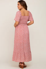 Mauve Floral Smocked Flounce Sleeve Maternity Maxi Dress