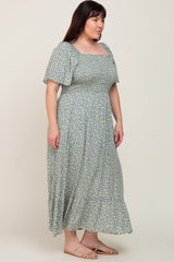 Mint Green Floral Smocked Flounce Sleeve Plus Maxi Dress