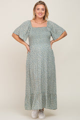 Mint Green Floral Smocked Flounce Sleeve Maternity Plus Maxi Dress