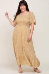 Yellow Floral Smocked Flounce Sleeve Plus Maxi Dress