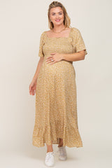 Yellow Floral Smocked Flounce Sleeve Maternity Plus Maxi Dress