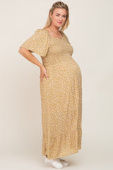 Yellow Floral Smocked Flounce Sleeve Maternity Plus Maxi Dress