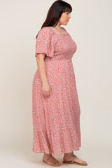 Mauve Floral Smocked Flounce Sleeve Plus Maxi Dress