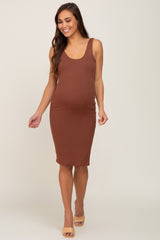 Brown Ribbed Scoop Neck Fitted Maternity Dress