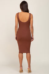 Brown Ribbed Scoop Neck Fitted Maternity Dress