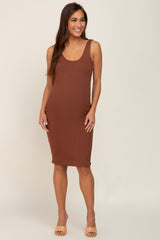 Brown Ribbed Scoop Neck Fitted Maternity Dress