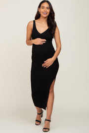 Black Ribbed Sleeveless Maternity Maxi Dress