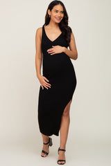 Black Ribbed Sleeveless Maternity Maxi Dress