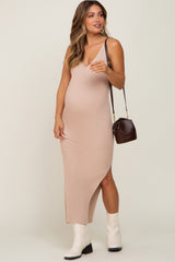 Beige Ribbed Sleeveless Maternity Maxi Dress