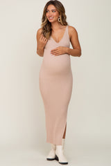 Beige Ribbed Sleeveless Maternity Maxi Dress