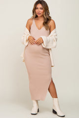 Beige Ribbed Sleeveless Maternity Maxi Dress