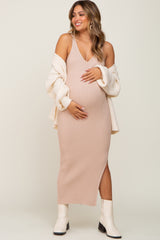 Beige Ribbed Sleeveless Maternity Maxi Dress