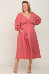 Mauve Wrap Smocked Accent Long Sleeve Maternity Plus Dress