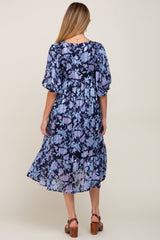 Navy Floral V-Neck Shimmer Maternity Midi Dress