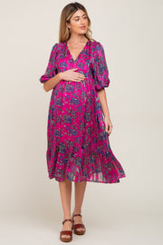 Magenta Floral V-Neck Shimmer Maternity Midi Dress