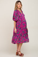 Magenta Floral V-Neck Shimmer Maternity Midi Dress