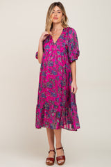 Magenta Floral V-Neck Shimmer Maternity Midi Dress