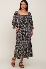 Black Floral Smocked 3/4 Sleeve Maternity Midi Dress