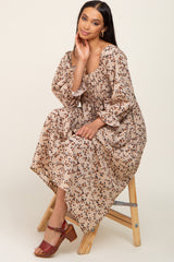 Taupe Floral Smocked 3/4 Sleeve Midi Dress