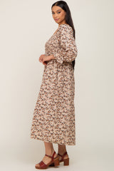 Taupe Floral Smocked 3/4 Sleeve Midi Dress