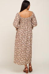 Taupe Floral Smocked 3/4 Sleeve Midi Dress