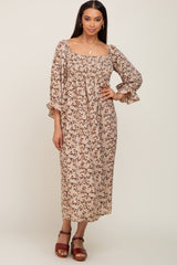 Taupe Floral Smocked 3/4 Sleeve Maternity Midi Dress