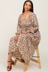 Taupe Floral Smocked 3/4 Sleeve Midi Dress