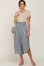 Blue Floral Round Hem Midi Skirt