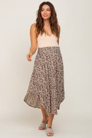 Mocha Floral Round Hem Maternity Midi Skirt