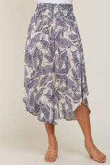 Blue Leaf Print Midi Skirt