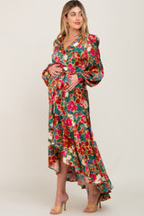 Green Floral Satin Wrap Front Hi-Low Maternity Midi Dress