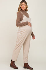 Beige Heathered Front Pocket Maternity Jumpsuit