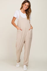 Beige Heathered Front Pocket Maternity Jumpsuit