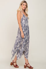 Navy Leaf Print Handkerchief Midi Dress